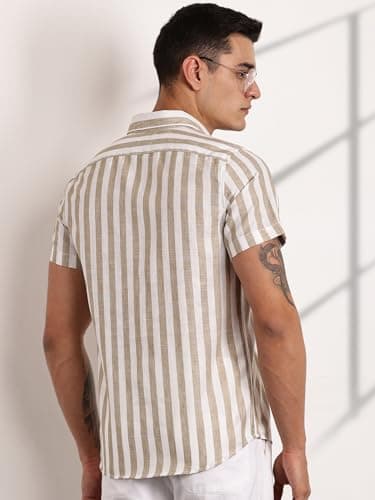 Thomas Scott Mens Half Sleeves Cotton Linen Striped Casual Shirt (TS1375_Brown, 3XL) 3
