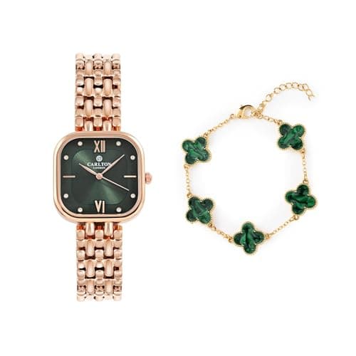Carlton London Women Green Dial Watch and Bracelet | Stainless Steel, Premium, Stylish Analog Wrist Watch with Golden Strap & Bracelet Set, Elegant Quartz Timepiece | Water Resistant | Luxury Square W