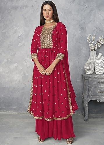 Xomantic Fashion Women's Ethnic Wear Nyra Cut Embroidery Kurti plazzo and Dupatta (X-Large, Pink) 2