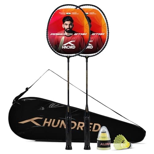 Hundred Powertek Star (2 Strung Rackets with 1 Full Cover) with 2pc Nylon Badminton Shuttlecocks (Black)