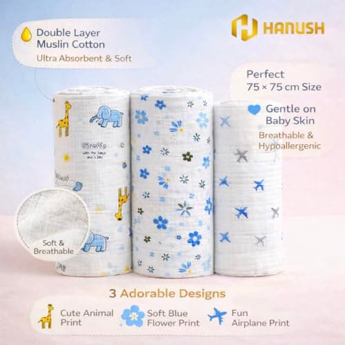 HANUSH Muslin Baby Bath Towel (Pack of 3)|100% Organic Muslin Cotton| Newborn Swaddle Wrap (75 * 75 cm)| Highly Absorbent Ultra Soft Breathable Lightweight Towels for Infants, Toddlers, Boys & Girls 2