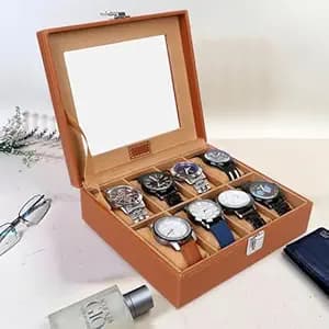 LEDO Watch Box Holder Organizer Case in 8 slots of Watches with Transparent Look Tan & Cream color Velvet