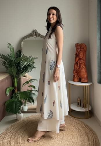 Klosia Women Pure Cotton Kurta Palazzo Set | Sleeveless Printed Kurta with Palazzo Pants | Summer Friendly, Office Wear Co-Ord Set White 4