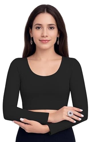 XOLANI Readymade Cotton Fitted Saree Blouse for Women Full Sleeve Square Round U Neck Regular fit Stretchable Pullon Western Stylish Crop Top VX17 1059 L BLK Black 4