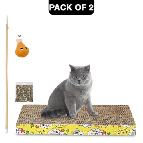 Emily Pets Cardboard Cat Scratcher and Cat Stick Combo, Catnip, Chew Interactive Toy for Cats and Kitten (Pack of 2,Color May Vary) 2