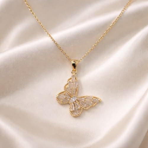 MIAMI American diamond AD Jewellery Gold Butterfly Necklace for Woman Stainless Steel Adjustable Neck Chain Pendant Necklace Stylish Locket Anti Tarnish Valentine Gifts for Women Girlfriend -293 6