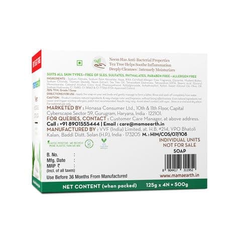 Mamaearth Neem Moisturizing Lotion Soap with Neem & Tea Tree for Skin Purification (3 + 1 Free) - (125 gm x 4) | Units For Skin Protection | Soothes Inflammation | Deeply Cleanses | 76% TFM Grade 1 So 4