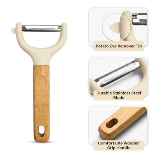 Amazon Brand - Solimo Wooden Peeler for Vegetables and Fruits Plain Soft Touch Ergonomic Handle Premium Tool for Kitchen Daily Cooking Use 16x7.5cm Beige Pack of 1 4