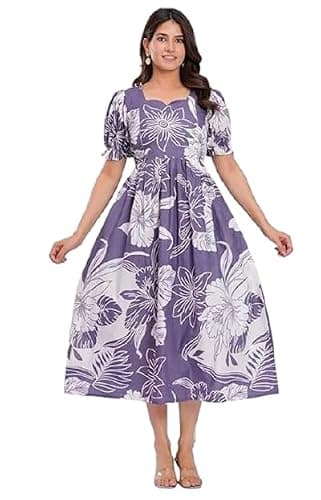 Women's Cotton Anarkali Maternity Feeding Kurti Floral Printed Sweetheart-Neck Short Sleeve Feeding Dress with Side Zipper (Purple-S)