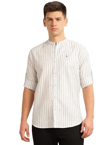 Thomas Scott Men's Slim Fit Cotton Linen Casual Shirt with Mandarin Collar | Vertical Stripes | Three-Quarter Roll-Up Sleeves (TS1381_Navy_S)