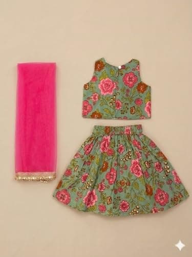 A.T.U.N. (ALL THINGS UBER NICE) Girls Cotton Ethnic Floral Lehenga Choli Set with Lace & Dupatta | Traditional 3-Piece Festive Outfit for Kids 2