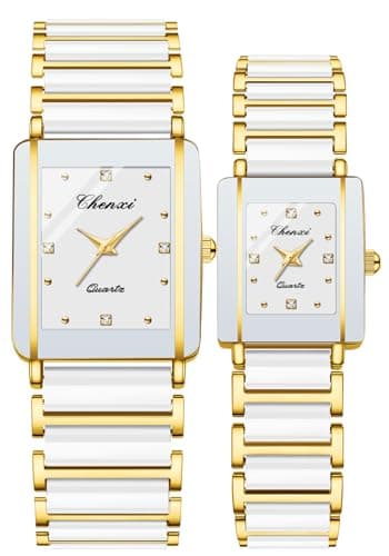 Vintage Couple Watches Men and Women Matching Quartz Watch Square Ceramic His and Hers Watches Set Pair Watches Diamond Waterproof, Gold White, Luxury