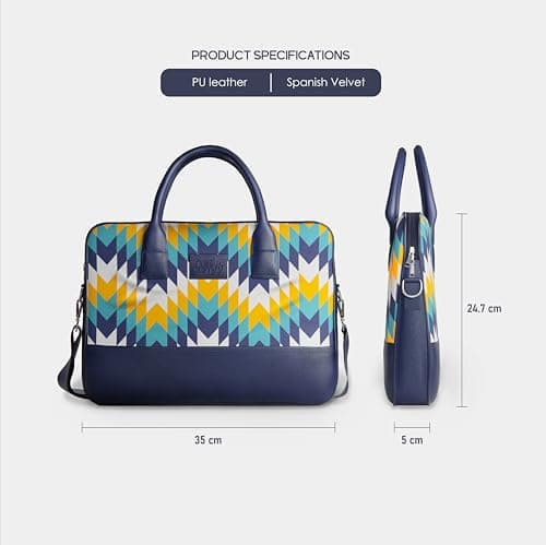 Chevron Laptop Messenger Bag for Men & Women | Upto 13 inch 8L | Lightweight Water Resistant | PU Leather & Velvet | Adjustable Sling & Multiple Organisers | Office Bag for Work & Travel (Blue) 2