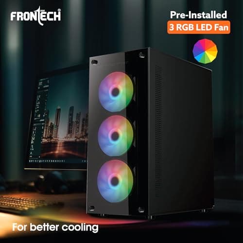 FRONTECH Xylo Gaming Computer Cabinet with HD Audio | ATX Compatible with Tampered Glass Side Panel and Bottom SMPS Dock | 3x120 mm RGB Fan with Dust Filter, USB 3.0, 2xUSB 1.1 (FT4285, Black) 3