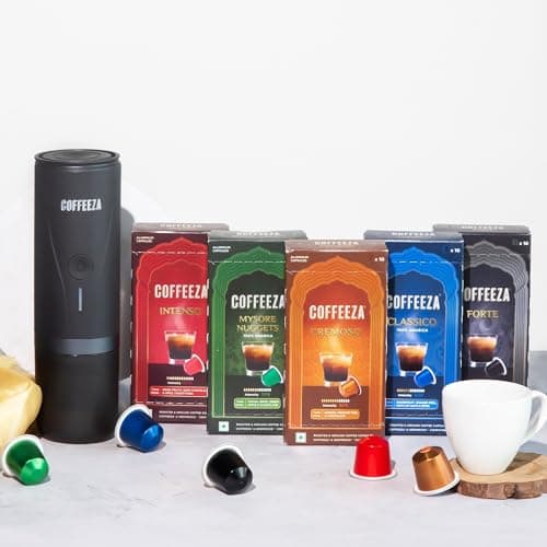 COFFEEZA Finero Mini Portable Espresso Machine & 50 Coffee Pods Gift Set | Travel Coffee Maker for Capsules & Grounds | Perfect for Home, Office & Camping