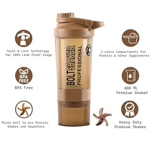 Zyro Bolt Protein Shaker Bottle 600ml Leakproof Gym Shaker with 2 Storage Compartments BPA-Free Sipper Bottle for Protein Shakes,Pre-Workout Gym Bottle for Men & Women (Brown) 3