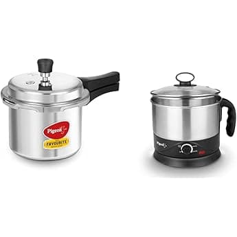 Pigeon by Stovekraft Favourite Outer Lid Non Induction Aluminium Pressure Cooker, 3 Litres, Silver & Pigeon Titanium Hard Anodized Pressure Cooker - 5 Litres - Black
