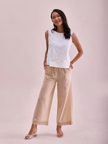 Go Colors Linen Lace Palazzo for Women | Relaxed Fit, Mid Rise, Pockets, Light Beige_8905344208865_Beige_XL 2