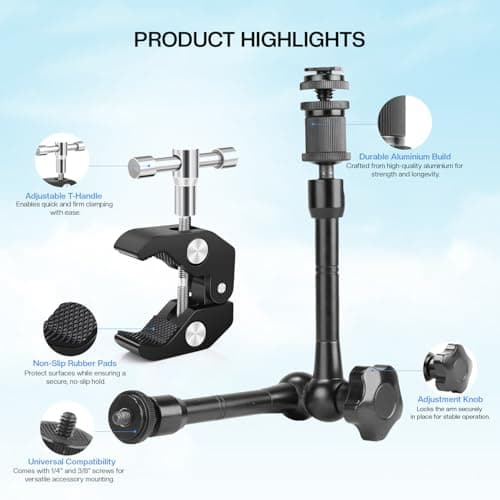 Hiffin 11"/28cm Adjustable Magic Arm with Super Clamp, 1/4" & 3/8" Threads, 1/4" Screws for Flash/LED Light/Microphone/Monitor, Compatible with All Camera Cage, Max Load: 4.4lb/2kg 5