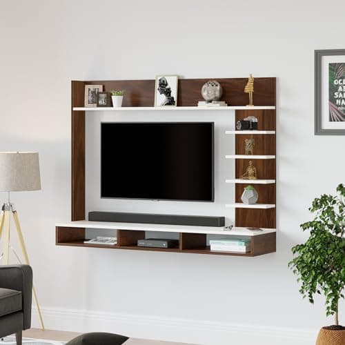 BLUEWUD Primax Grande Standard Engineering Wood Wall Mount TV Entertainment Unit Set Top Box Stand/TV Cabinet Panel with Shelves for Books & Décor Display Unit, Ideal for 42" (Brown Maple & White)