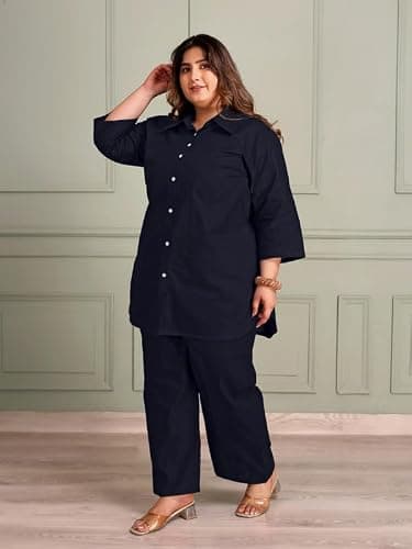 TITTLI Women Plus Size Cotton Co-Ord Set | Collared Shirt & Trouser Set | 3/4 Sleeve Tunic Shirt | Elastic Waistband with 2 Pockets Pants | Casual Wear Outfit | 3XL to 6XL Navy Blue 4