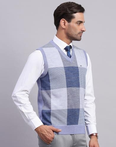 Monte Carlo Mens Self Design Blue V Neck Sleeveless Sweater (1243357SL-2-40) 3