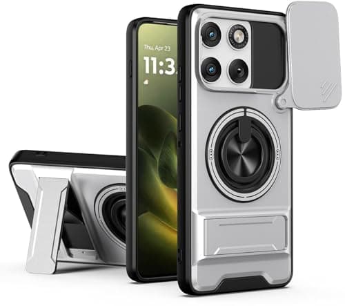 AeoFit Back Cover for Motorola Moto Edge 70 5G | Armor Camera Slider 360 Degree Rotating Finger Ring Holder Case with Bracket Stand & Camera Protection Back Case Cover for Moto Edge 70 (Silver)