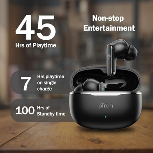 pTron Bassbuds Eon in-Ear TWS Earbuds w/ 13mm Drivers, 45Hrs Playtime, Dual HD Mic & TruTalk AI-ENC Calls, Custom EQ,Mobile App, Bluetooth v6.0 Headphones,Voice Assist., Type C Charging & IPX5 (Black) 4