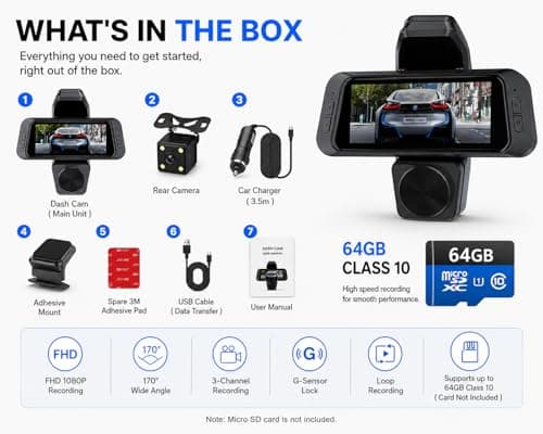 BLUHAWK 3 Channel Dash Cam for Car with Front Inside Rear Camera, FHD 1080P Recording, 170° Wide Angle, G-Sensor, Loop Recording, Night Vision, Supports 64GB Class 10 Card, Car DVR Camera for Cars 4