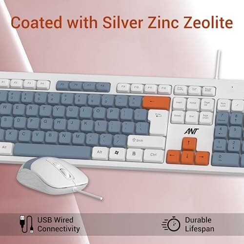 Ant MASTER 20 Wired Combo Keyboard & Mouse Set | 104 Key Membrane Keyboard 5 Million Keystroke Life | 2400 DPI Adjustable Mouse 1 Million Clicks | USB Plug & Play | Windows/Mac/Linux-White Grey Orange 5