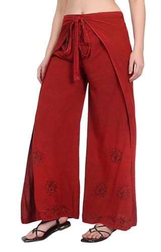 Fashion Passion India Womens Split Wide Leg Long Embroidered Rayon Wrap Mid Rise Palazzo Pant, Free Size 4
