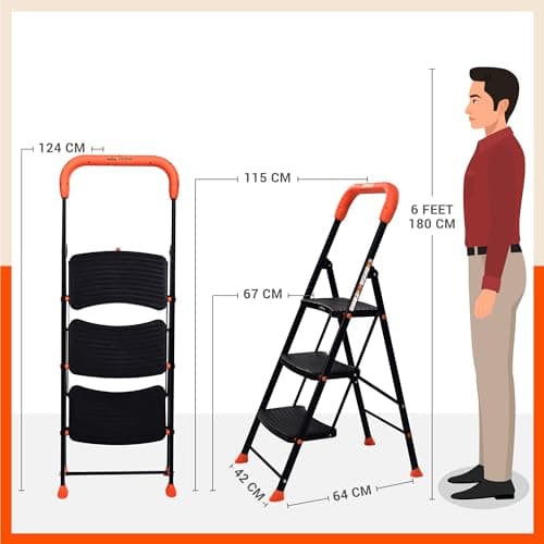 Bathla 3 Step Ascend Steel Ladder for Home Use | Large Platform (36 x 20.5 cm) | Wide Anti-Skid Steps | Safety Hand Grip | Heavy Duty Foldable | 120 kg Capacity | 2-Year Warranty | Orange & Black 3