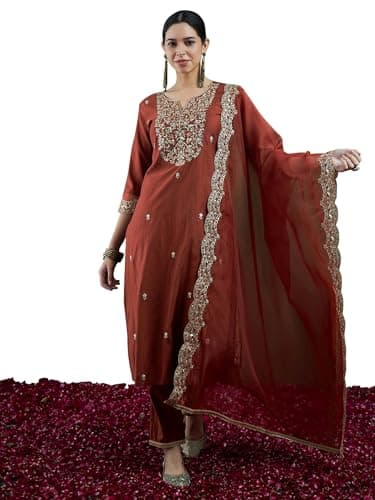 INDO ERA Women's Rayon Viscose Embroidered Straight Kurta & Pant with Dupatta Set (Rust_KH1RT9579_Large)