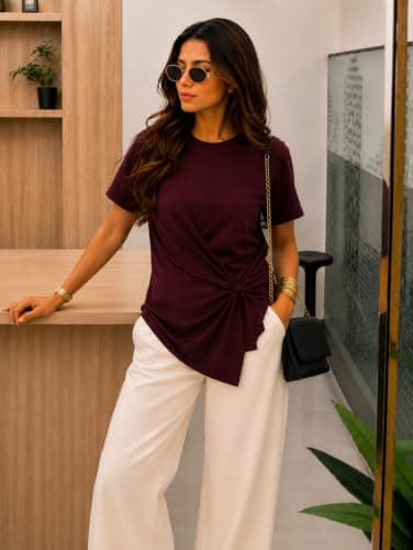 Zilcon Women's Plum Twist-Knot Asymmetrical Trendy T-Shirt for Women & Girls(Wine_M (m)) 3