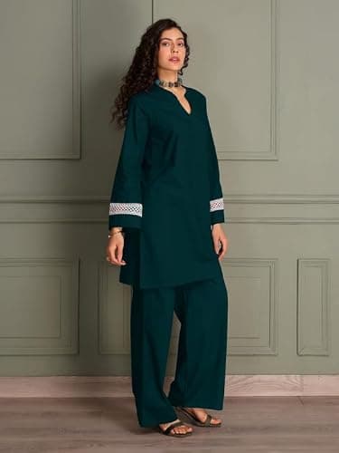 TITTLI Women Pure Cotton Co-Ord Set | Solid Tunic & Trouser Set | Mandarin Collar & V-Neck Tunic with Full Sleeves & Lace | Casual Everyday Wear Set for Women | M | L | XL | XXL 5