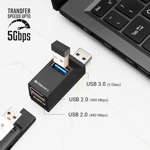 ZEBRONICS 180HB USB HUB, 3 Ports, USB 3.0, Transfer Speeds Upto 5 Gbps, Lightweight Design, Multi OS Compatible, Plug and Play 3