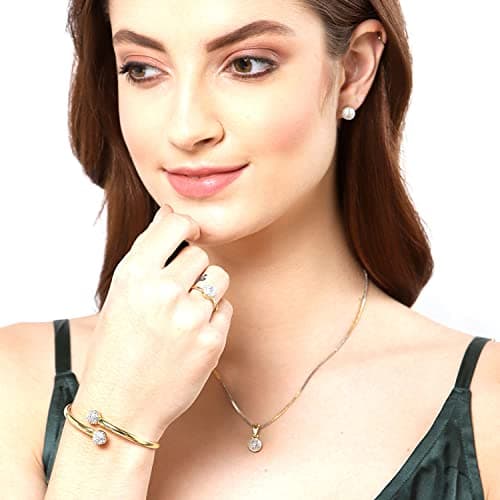 ZENEME Jewellery Set Gold Plated American Diamond Traditional Stylish Pendant Set, Ring, Bracelet with Earring Jewellery for Women & Girls 3