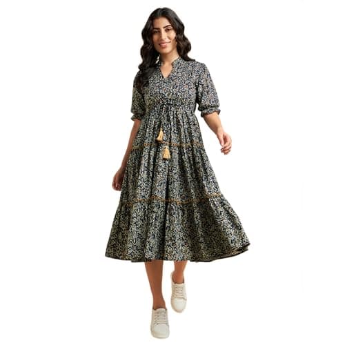 Azira 100% Cotton Printed Fit & Flared Mandarin Collar Midi Dress | Casual Dress | Dress for Woman | Summer Dress Blue