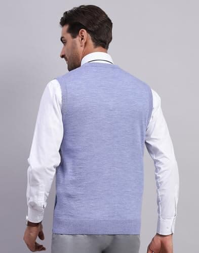 Monte Carlo Mens Self Design Blue V Neck Sleeveless Sweater (1243357SL-2-40) 4