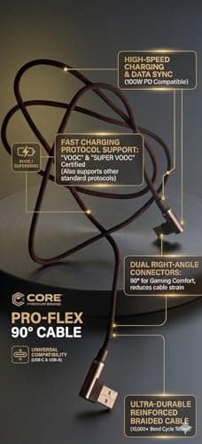 Dhamija Pro-Flex 90° Gaming USB-C to USB-A Braided Charging Cable – 100W PD Compatible, VOOC & SuperVOOC Fast Charge Supported – Ultra-Durable Right-Angle Gaming Cord for Smartphones 2