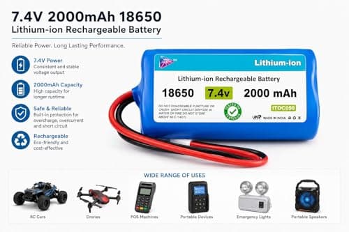7.4V 2000mAh Li-ion 18650 Lithium ion Rechargeable Battery Pack with JST-XH 2.54mm/2P Plug Connector for DIY Robotics GPS mp4 Tablet PC Drones Project Work Industrial Equipment |Pack of 1 | 2