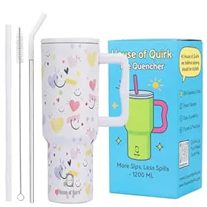 House of Quirk 1200ML Stainless Steel Tumbler with Handle & Lid, 2 Straws – Large Travel Mug Water Cup for Gym, Office & Outdoor Use (White Heart)