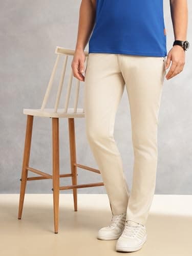 Thomas Scott Men’s Cricket Club Collection Regular Fit Mid-Rise Chinos | Solid Dobby Fabric Trouser with 4 Pockets (CCBT176_Beige_38) 4