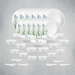 La Opala Opal Glass Crockery | for Family of 6 | Dinner Set 35 pcs Blue Florets | Plates & Bowls for Dining | Microwave Safe | 100% Vegetarian | Extra Strong | Extra Light & White