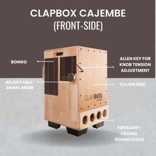 Clapbox Cajembe Cajon (4 instruments in 1) - Rubber wood (H:50 W:30 L:30) 3 Internal Snares, Natural 4