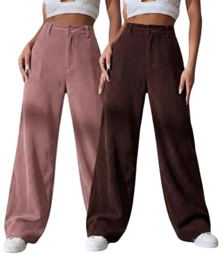 SMOWKLY Women's Corduroy Mid Rise Wide Leg Sweatpant with Pocket || Loose & Relaxed Fit Casual Korean Baggy Trousers for Woman Elegant Workwear for Office, College & Events(1678_PCH_XL/1678_BRN_XL)