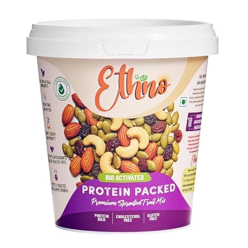 Ethno Protein Packed Bio-Activated Trail Mix (7-Pack) - Roasted Almonds, Cashews, Raisins, Cranberries - Sprouted Nuts & Seeds + Mixed Dry Fruits Combo Pack - Sugar-Free, Oil-Free, Healthy Snacks