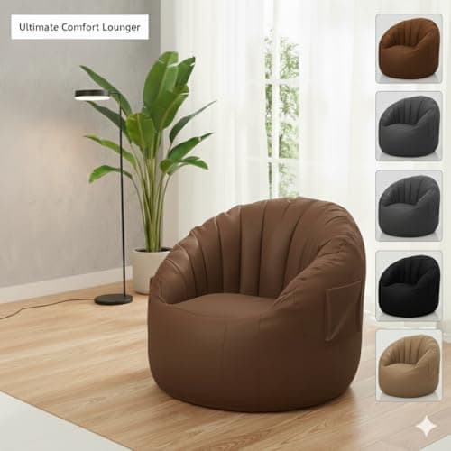Premium Lounge Bean Bag Sofa-Tan| Ultra-Comfort Leatherette Single Seater Sofa Chair| Modern Living Room Lounger with Side Pocket (Cover Only Without Beans) 5XL-Size (Tan) 3