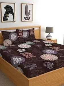 LOOMLYFE 300 TC Cotton Feel Glace Cotton Elastic Fitted Printed King Size Double Bed Bedsheet with 2 Pillow Covers Fits Upto 8 inches Mattress, Size- 72X78 Inches, Circle Brown