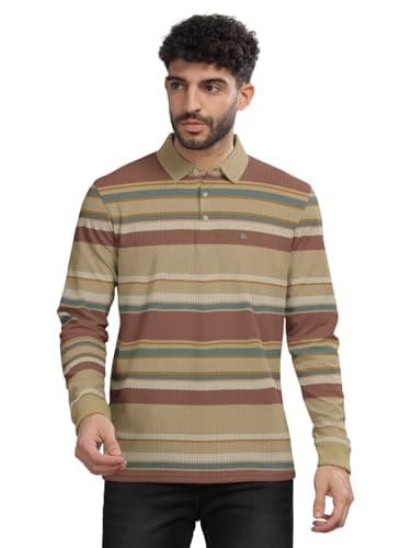 BULLMER Striped Textured Printed Polo Neck Fullsleeve T-Shirt with Rib for Men_Khaki_X-Large